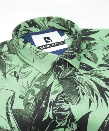 SHIRT0012 Bawa Style Cotton Floral Dark Green Half Sleeve Slim Fit Casual Shirts