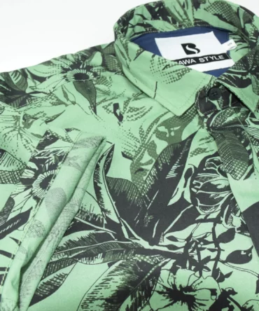 SHIRT0012 Bawa Style Cotton Floral Dark Green Half Sleeve Slim Fit Casual Shirts