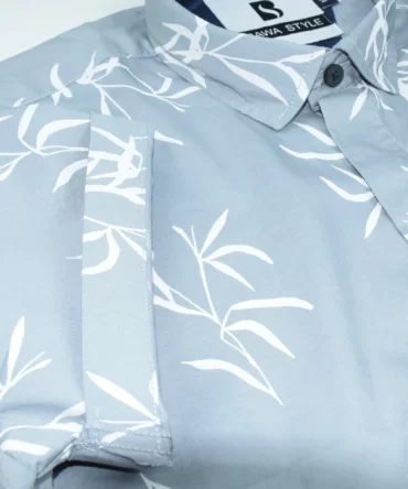 SHIRT0021 Bawa Style Silk Light Gray Floral Leaves Half Sleeve Slim Fit Casual Shirts