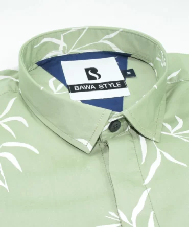 SHIRT0022 Bawa Style Silk Light Green Floral Leaves Half Sleeve Slim Fit Casual Shirts