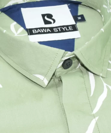 SHIRT0022 Bawa Style Silk Light Green Floral Leaves Half Sleeve Slim Fit Casual Shirts