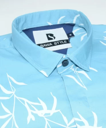 SHIRT0023 Bawa Style Silk Sky Blue Floral Leaves Half Sleeve Slim Fit Casual Shirts