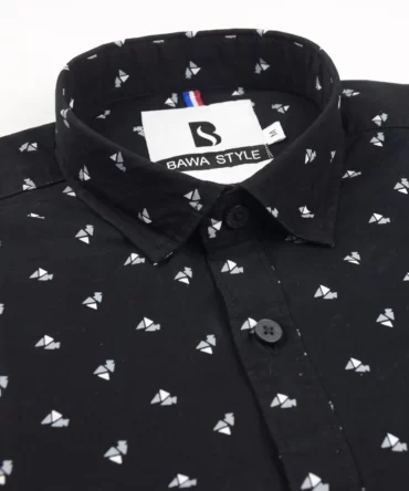 SHIRT0032 Bawa Style Cotton Silk Black Printed Arrow Line Full Sleeve Slim Fit Casual Shirts