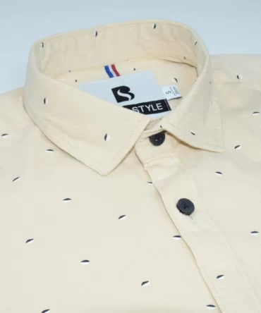 SHIRT0036 Bawa Style Cotton Silk Light Cream Printed Leafs Full Sleeve Slim Fit Casual Shirts