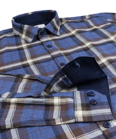 SHIRT0050 Roman Royal Premium Cotton Twill Brown Cream and Light Blue Checks Full Sleeve Slim Fit Casual Shirts