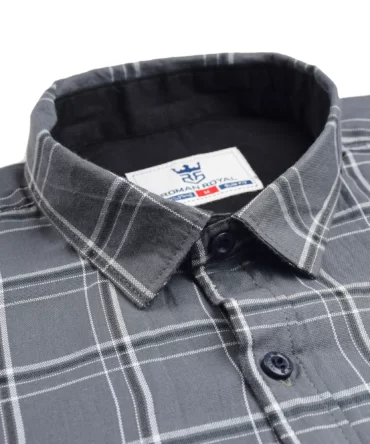 Roman Royal Premium Cotton Oxford Grey White and Black Checks Full Sleeve Slim Fit Casual Shirts